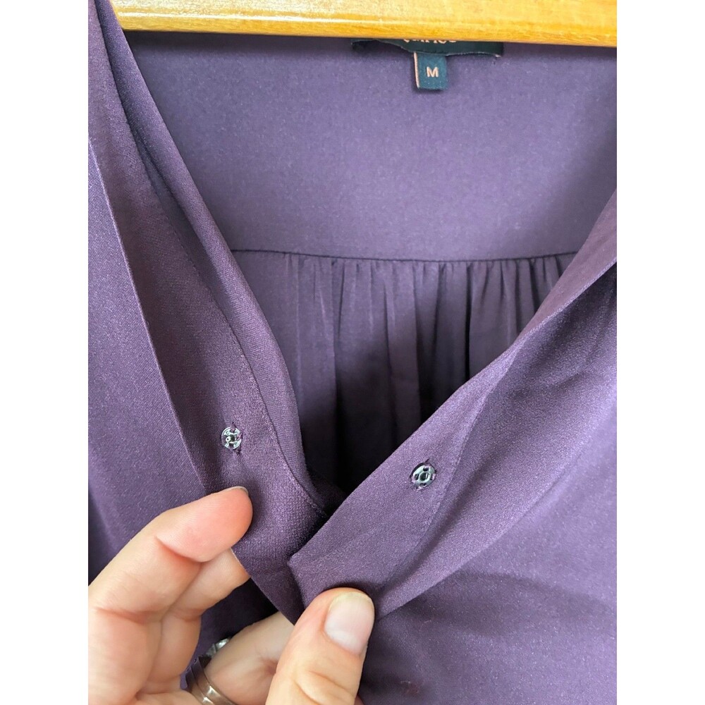 Quince Washable Silk Split Neck Blouse Chocolate Plum Brown Medium Quiet Luxury - Picture 5 of 9